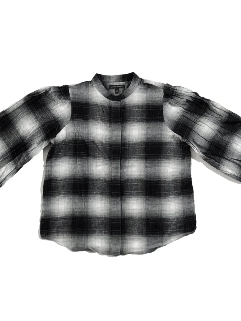 Banana Republic Blouse Womens Size M Black White Plaid Puff Sleeve Flannel
